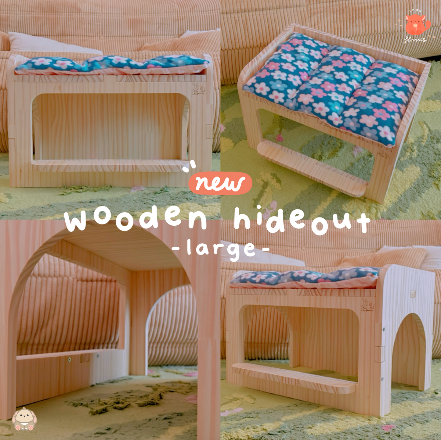 *NEW* Mini-mal Wooden Hideout with Cushion (Large) -Bunny Size-