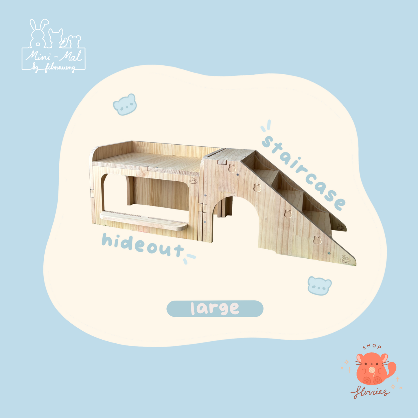 Mini-mal Set: Wooden Hideout with Cushion + Staircase (Large) -Bunny Size-